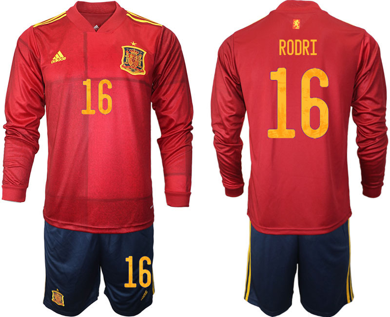 Men 2021 European Cup Spain home Long sleeve #16 soccer jerseys